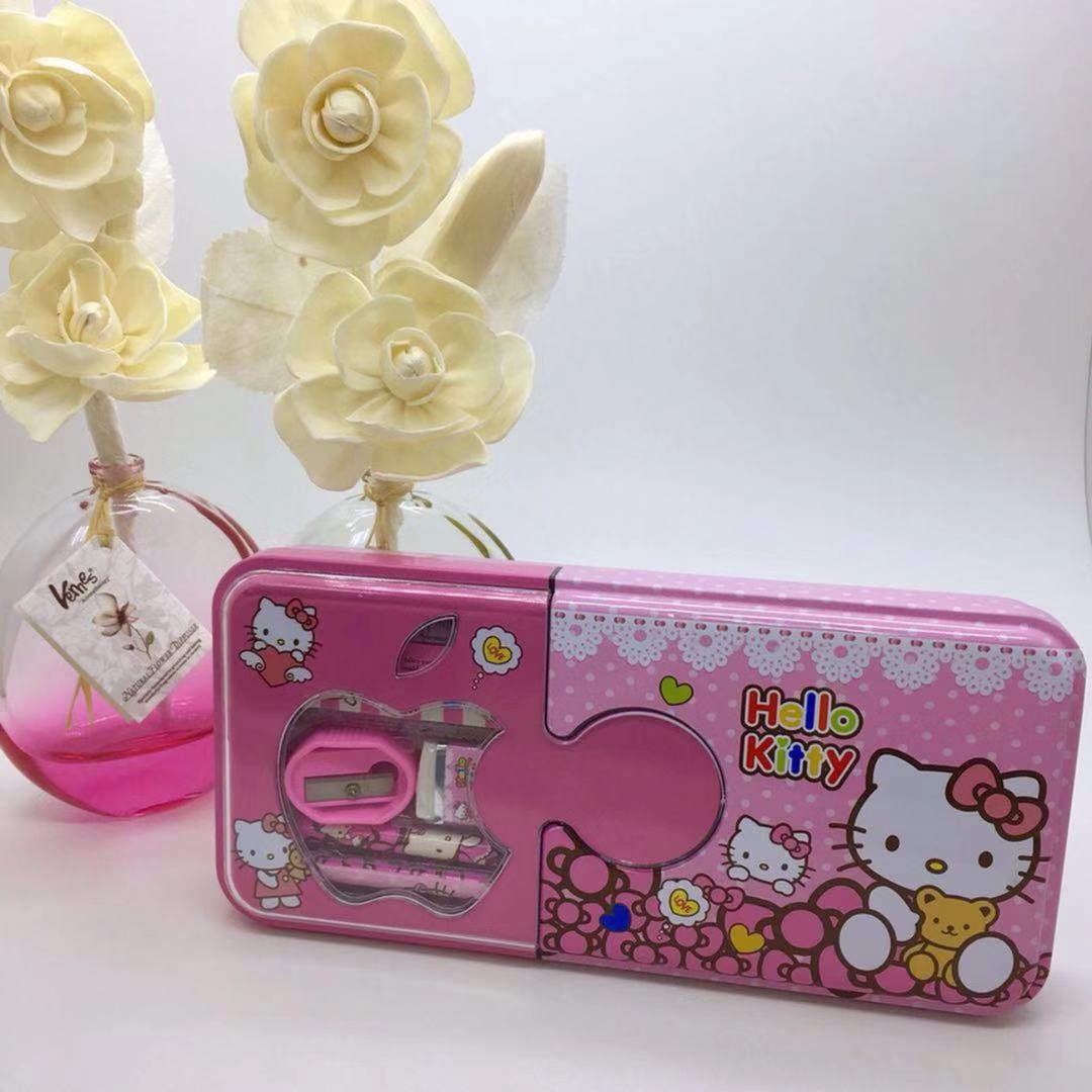 (HELLO KITTY)Cartoon Double Layer Iron Box Stationery Pencil Box(Include Stationery)